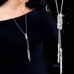 3/$35 Bamboo Rhinestone Pendant Lariat Necklace Long Silver Chain Diamond
